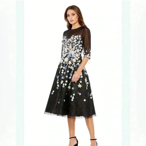 Tea Dress with Illusion Neck & Elbow-length Sleeve by Mac Duggal Style 11161 - Picture 1 of 8